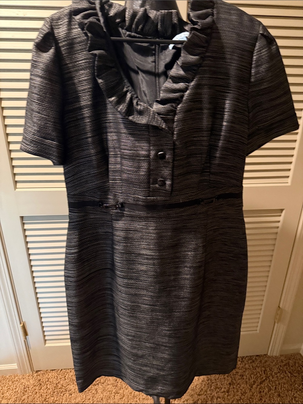 ANTONIO MELANI Black Striped Ruffle Neck Midi Dress